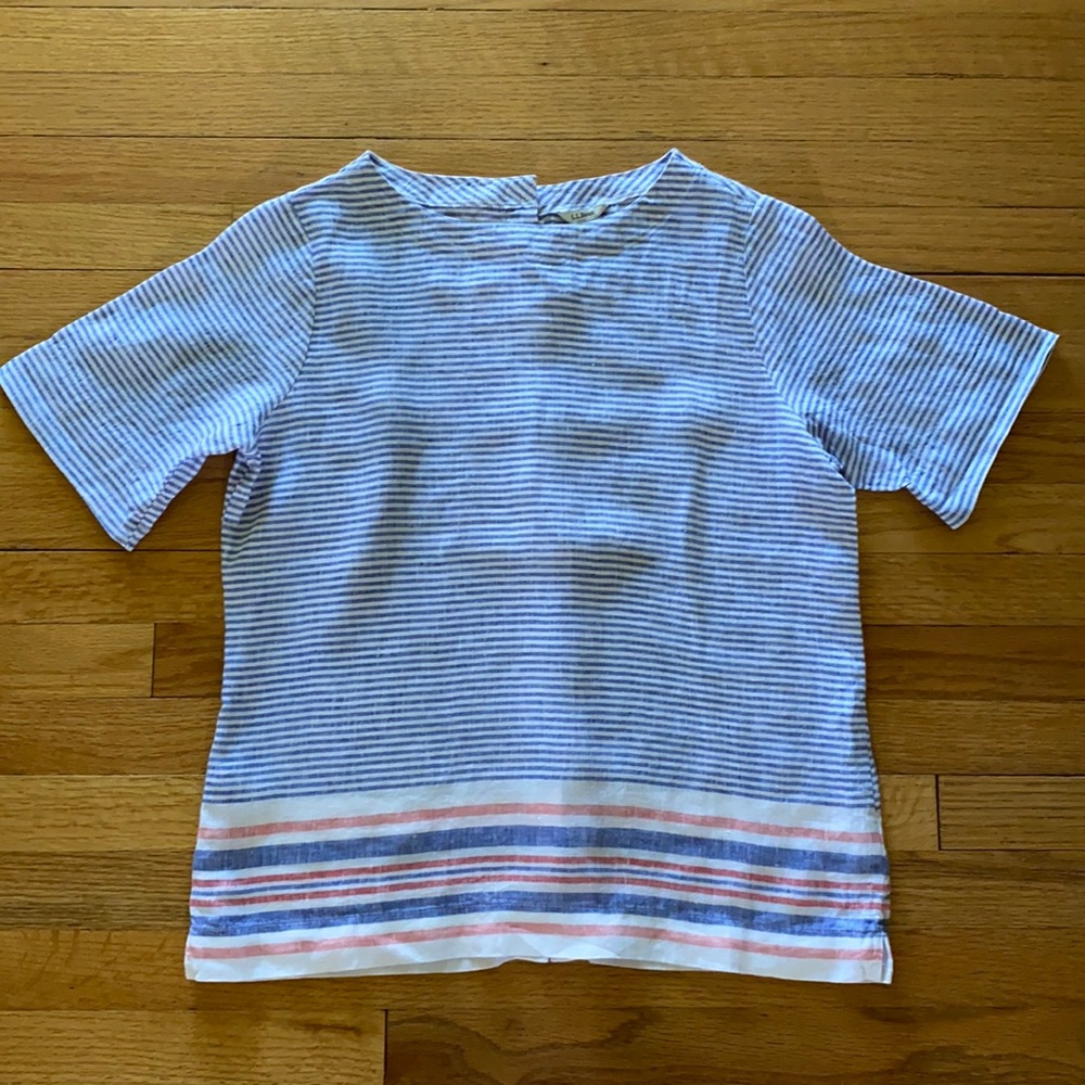 L.L. Bean red white and blue striped linen shirt